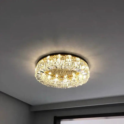 Modern chrome crystal led ceiling lamp with gold-toned frame and faceted glass crystals for living room decorbites crystal led
