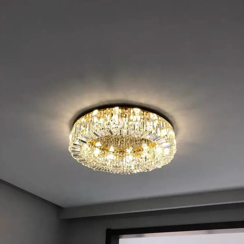 Modern chrome crystal led ceiling lamp with gold-toned frame and faceted glass crystals for living room decorbites crystal led