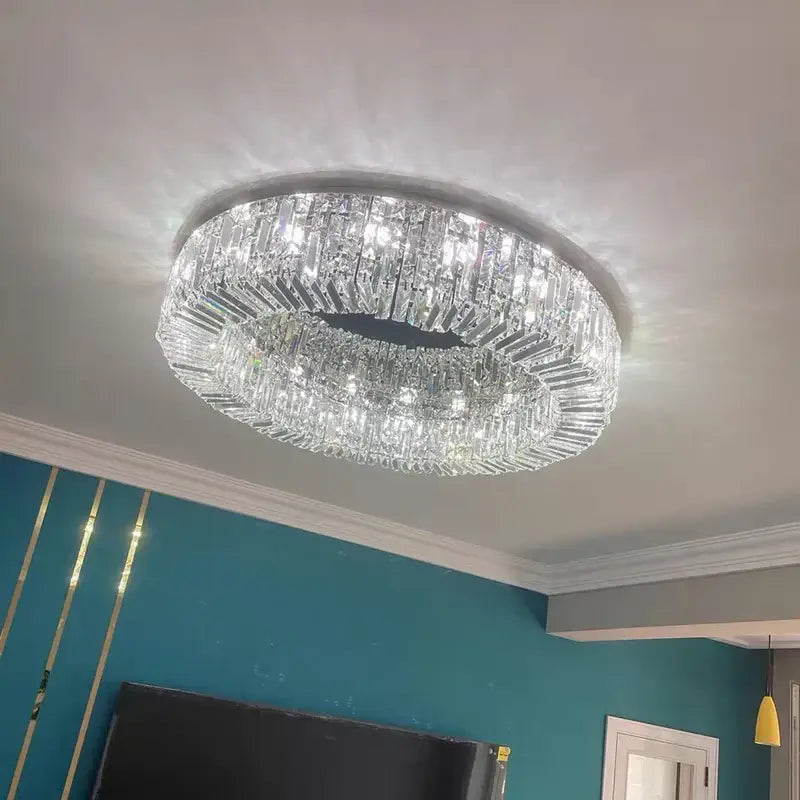 Modern chrome crystal led ceiling lamp with two concentric rings of clear glass prisms by decorbites crystal led