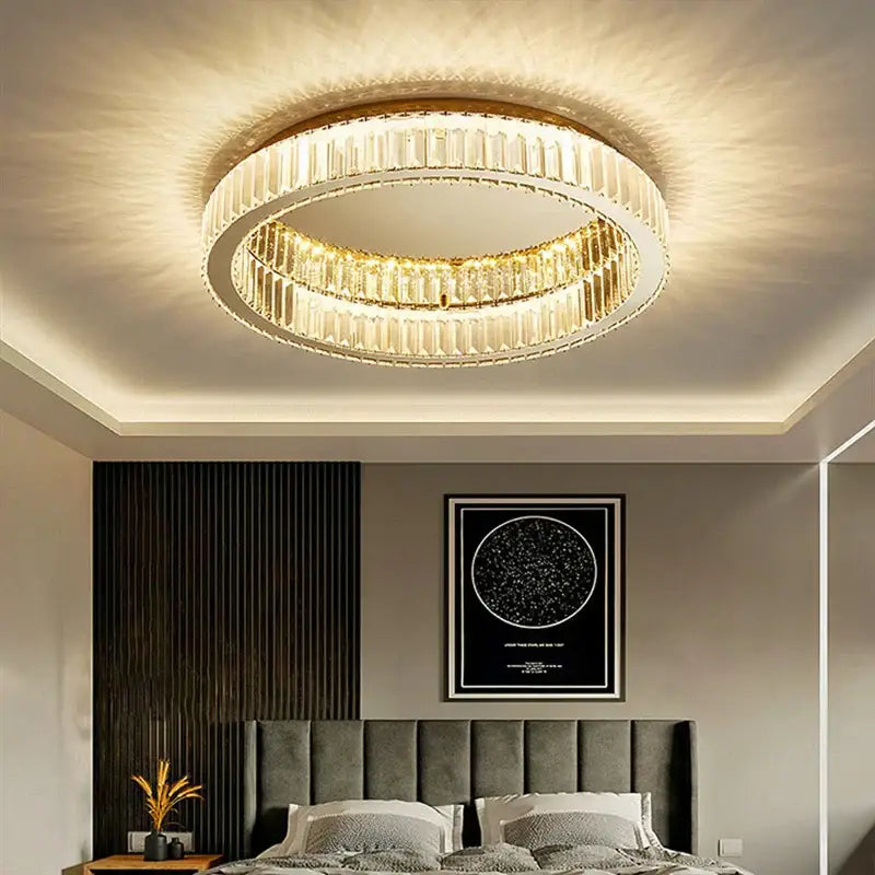 Modern chrome crystal led ceiling light with two concentric faceted crystal rings and gold-toned metal accents for dining room decorbites crystal led