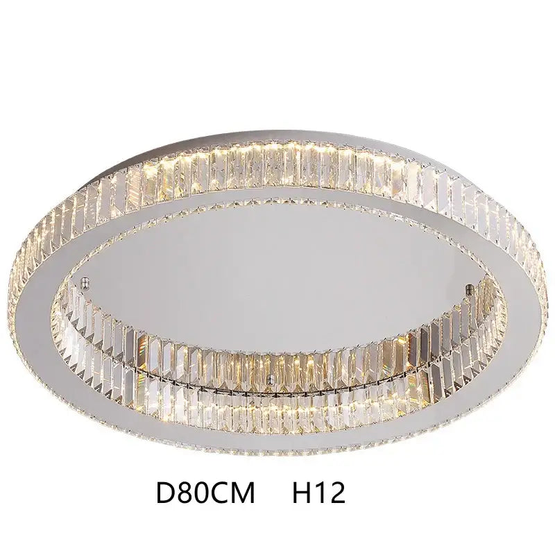 Modern chrome crystal led ceiling light with two concentric crystal led chrome rings emitting warm ambient decorbites glow