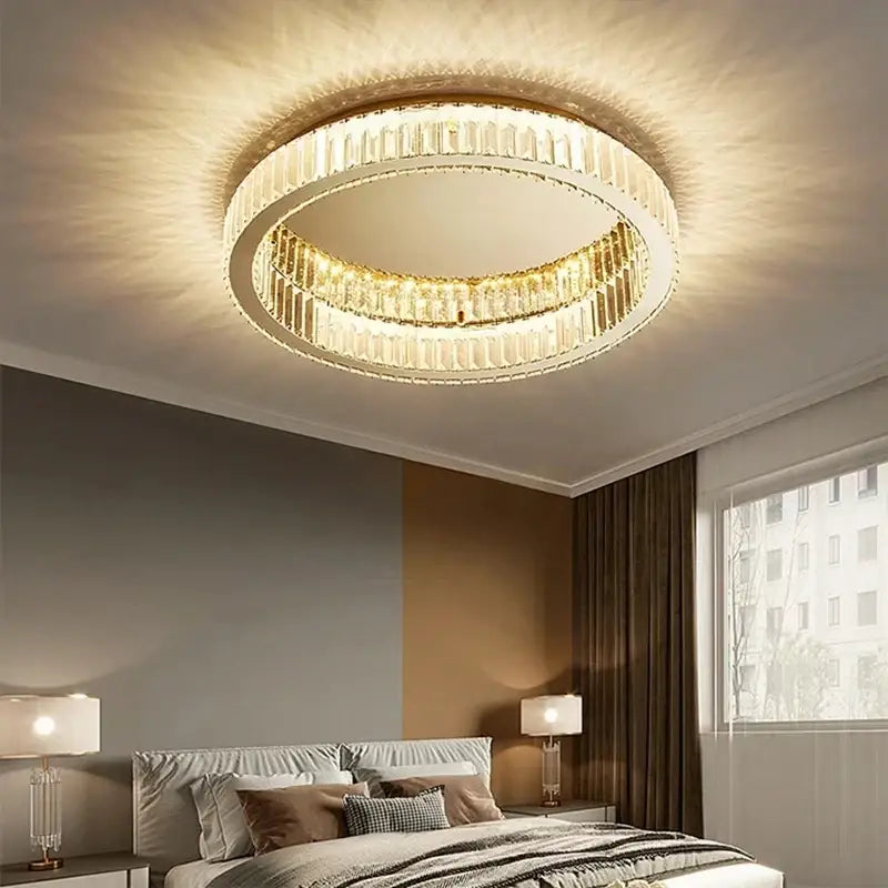 Modern chrome crystal led ceiling light with two concentric rings of clear faceted crystals in gold frame decorbites crystal led
