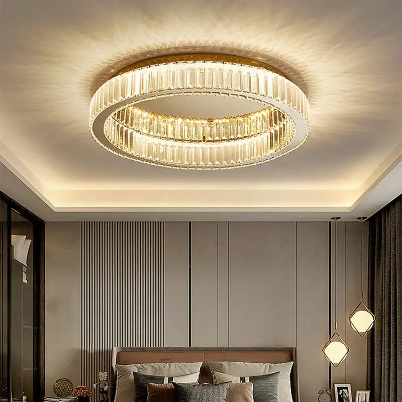 Modern chrome crystal led ceiling light with double ring design and gold-toned faceted decorbites crystal led elements