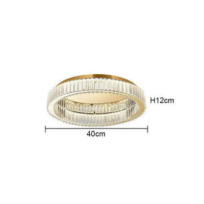 Modern chrome crystal led ceiling light with gold-toned circular frame and two rings of clear faceted crystal bars for decorbites