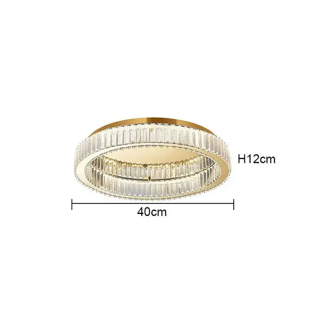 Modern chrome crystal led ceiling light with gold-toned circular frame and two rings of clear faceted crystal bars for decorbites