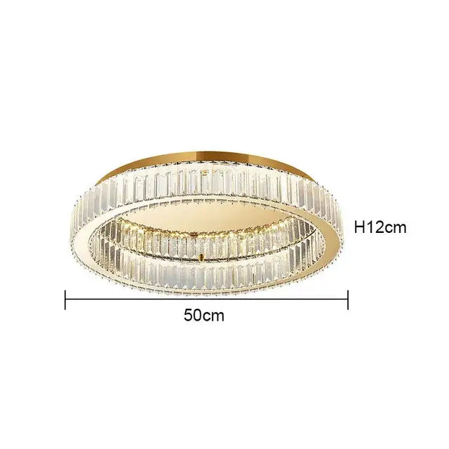 Modern chrome crystal led ceiling light featuring gold-toned double rings with faceted clear crystal decorbites crystal led