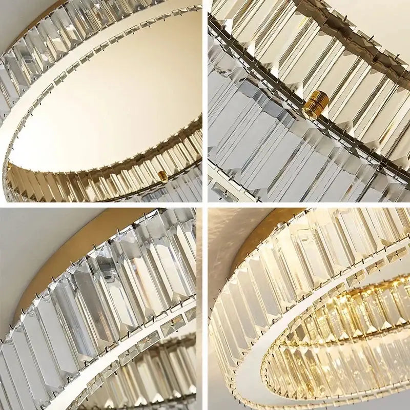 Modern chrome crystal led ceiling light with two-tiered clear crystal prisms in gold-toned frame for dining room decorbites crystal led