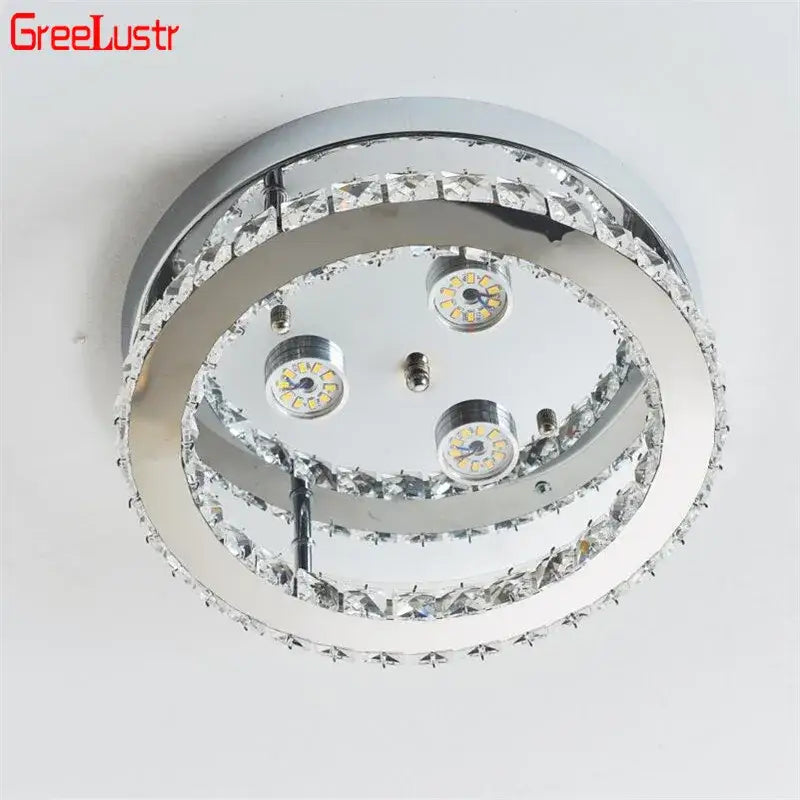 Modern chrome crystal led ceiling light with two concentric rings and three embedded led bulbs for bedroom use