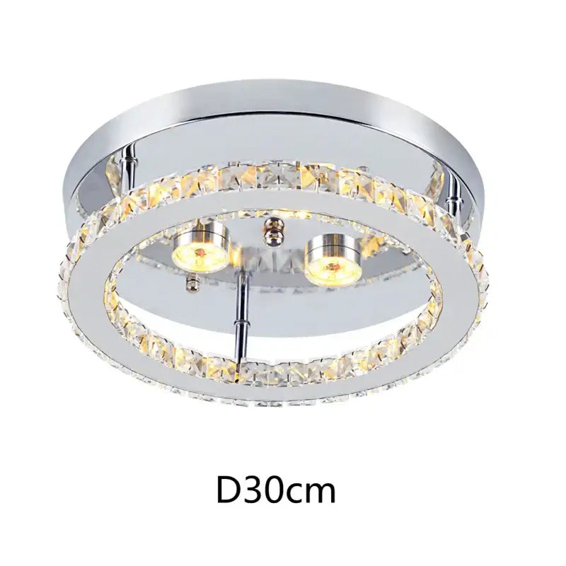 Modern chrome crystal led ceiling light featuring two warm led bulbs and clear faceted crystals for bedroom use