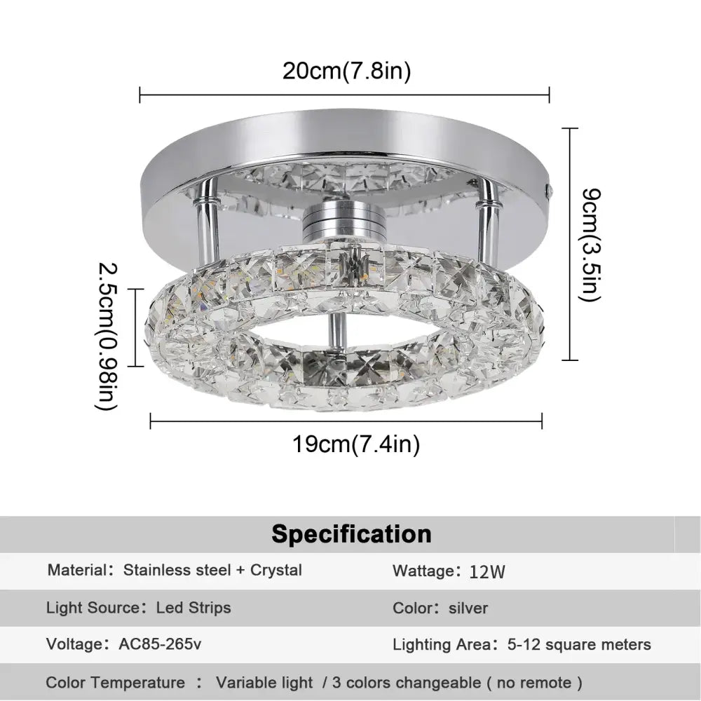 Modern chrome crystal led ceiling light featuring a silver circular design with stainless steel and clear faceted crystals