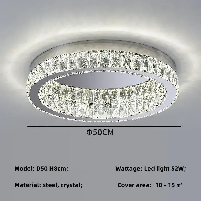 Modern chrome crystal led ceiling light with two concentric faceted crystal rings in a sleek silver steel frame