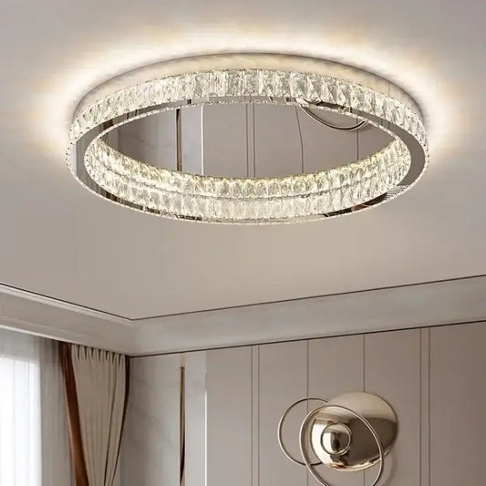 Modern chrome decorbites crystal led ceiling light with two concentric crystal rings for living room decor