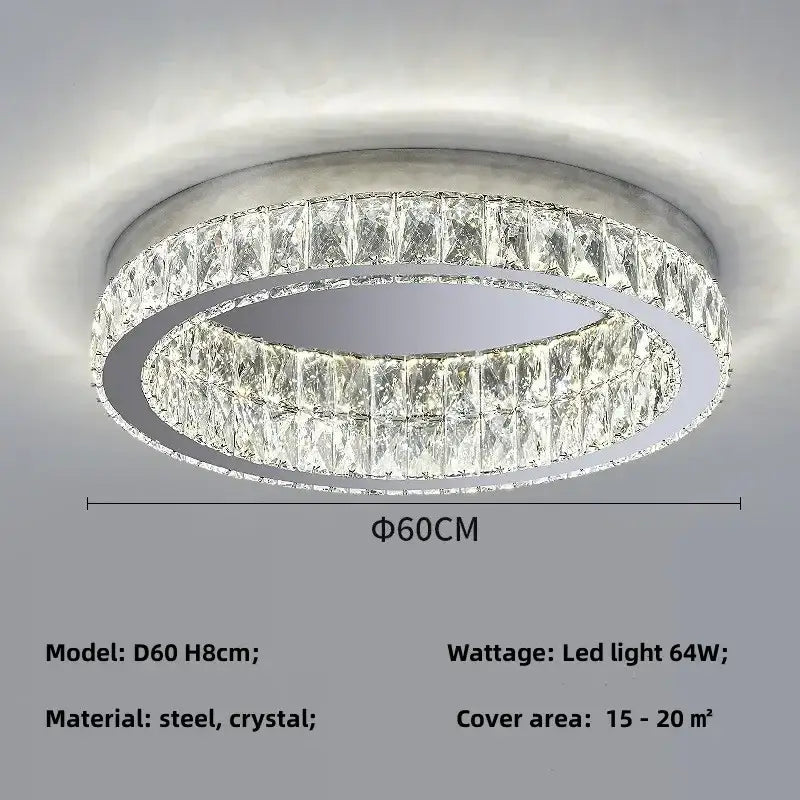 Modern chrome crystal led ceiling light featuring two concentric rings of clear crystal facets in a silver steel frame