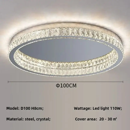 Modern chrome decorbites crystal led ceiling light with two concentric faceted crystal rings in steel frame emitting warm glow