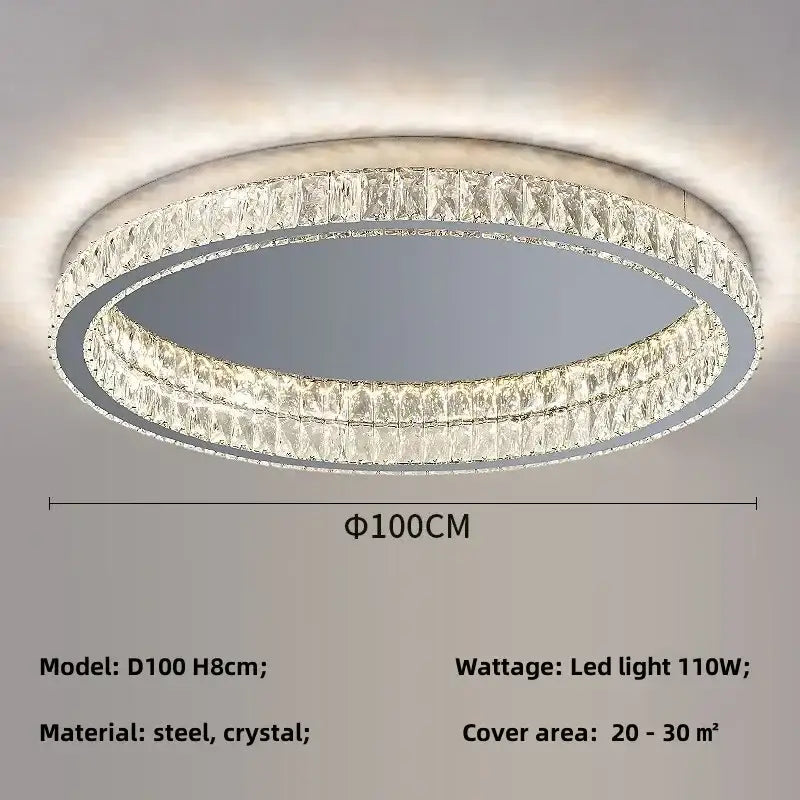 Modern chrome decorbites crystal led ceiling light with two concentric faceted crystal rings in steel frame emitting warm glow