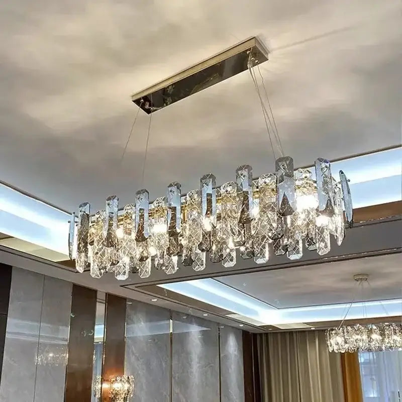 Modern chrome crystal led chandelier featuring cascading clear crystal prisms from decorbites crystal led collection
