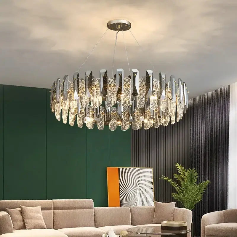 Modern chrome crystal led chandelier with cascading metallic elements for bedroom decorbites crystal led pendant light