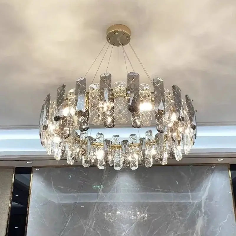 Modern chrome crystal led chandelier with cascading clear prisms and gold frame by decorbites crystal led for bedroom decor