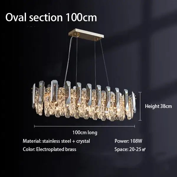 Elegant 100cm oval modern chrome crystal led chandelier with electroplated brass frame and cascading crystal droplets