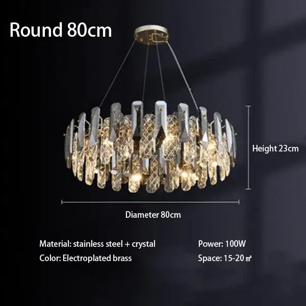 Elegant 80cm round decorbites crystal led chandelier with cascading crystals and electroplated brass finish for bedroom decor