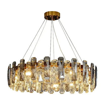 Modern chrome crystal led chandelier with gold-toned mount and faceted glass pieces for bedroom decorbites crystal led lighting