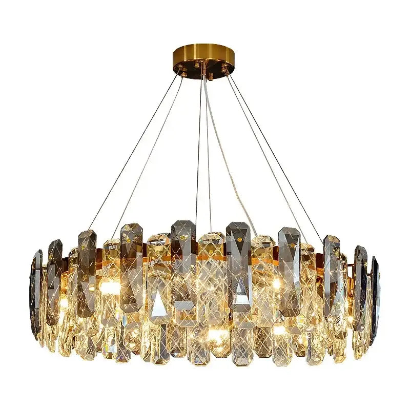 Modern chrome crystal led chandelier with gold-toned mount and faceted glass pieces for bedroom decorbites crystal led lighting