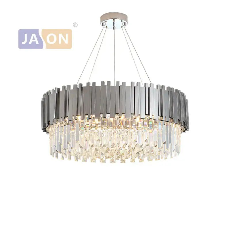 Modern chrome crystal led chandelier suspension lighting featuring circular frame with vertical metallic bars and crystal prisms