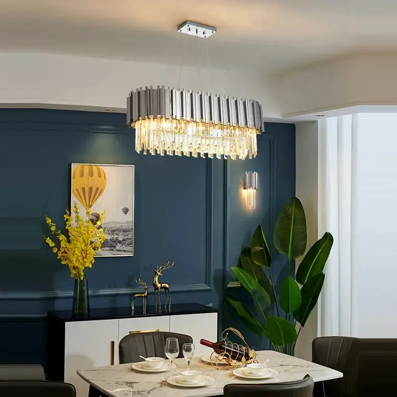 Modern chrome crystal led chandelier suspension lighting with silver-toned frame and cascading crystal strands decorbites crystal led