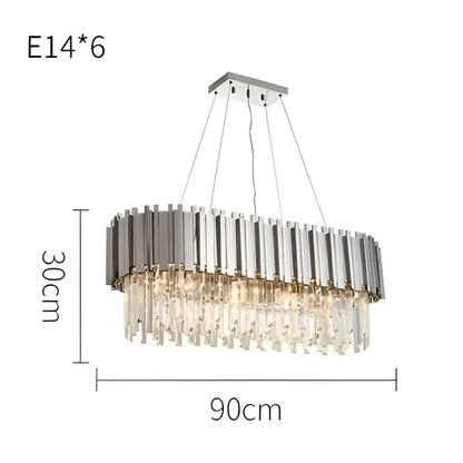 Modern chrome crystal led chandelier suspension lighting featuring silver-toned oval frame with clear crystal prisms decorbites crystal led