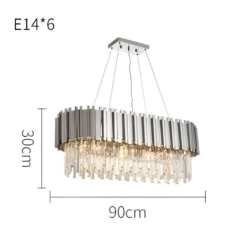 Modern chrome crystal led chandelier suspension lighting featuring silver-toned oval frame with clear crystal prisms decorbites crystal led