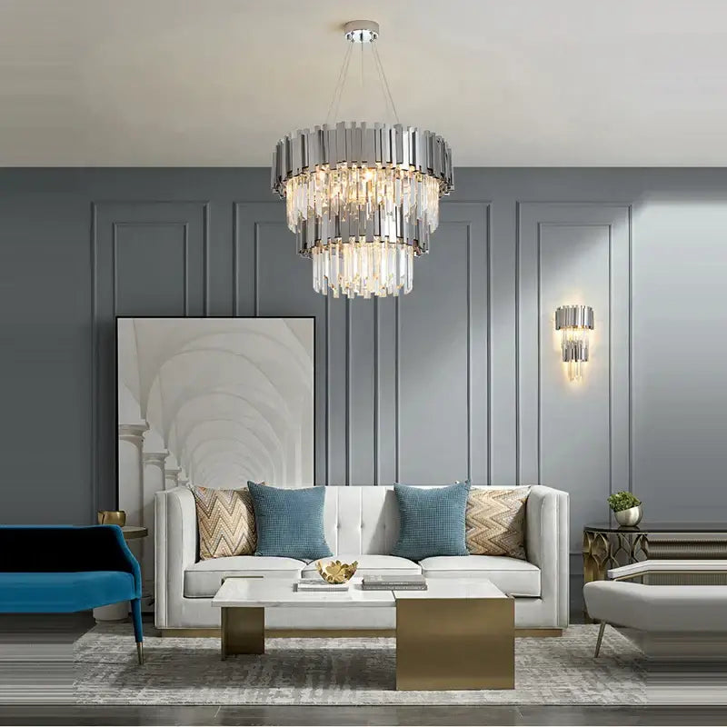 Modern chrome crystal led chandelier suspension lighting with metallic frame and cascading decorbites crystal led elements