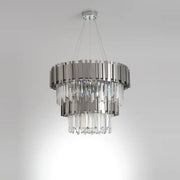 A modern chrome crystal led chandelier suspension lighting with polished chrome and clear crystal prisms for foyer decorbites crystal led