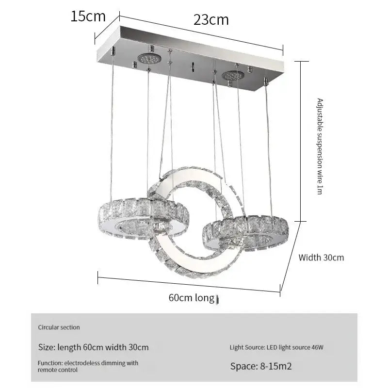 Modern chrome crystal led circle rings chandelier with two interlocking crystal rings and adjustable suspension wires