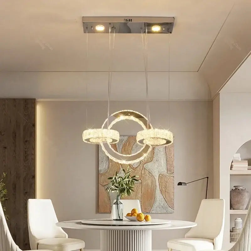 Modern chrome crystal led circle rings chandelier with embedded leds and crystal accents for bedroom decorbites crystal led