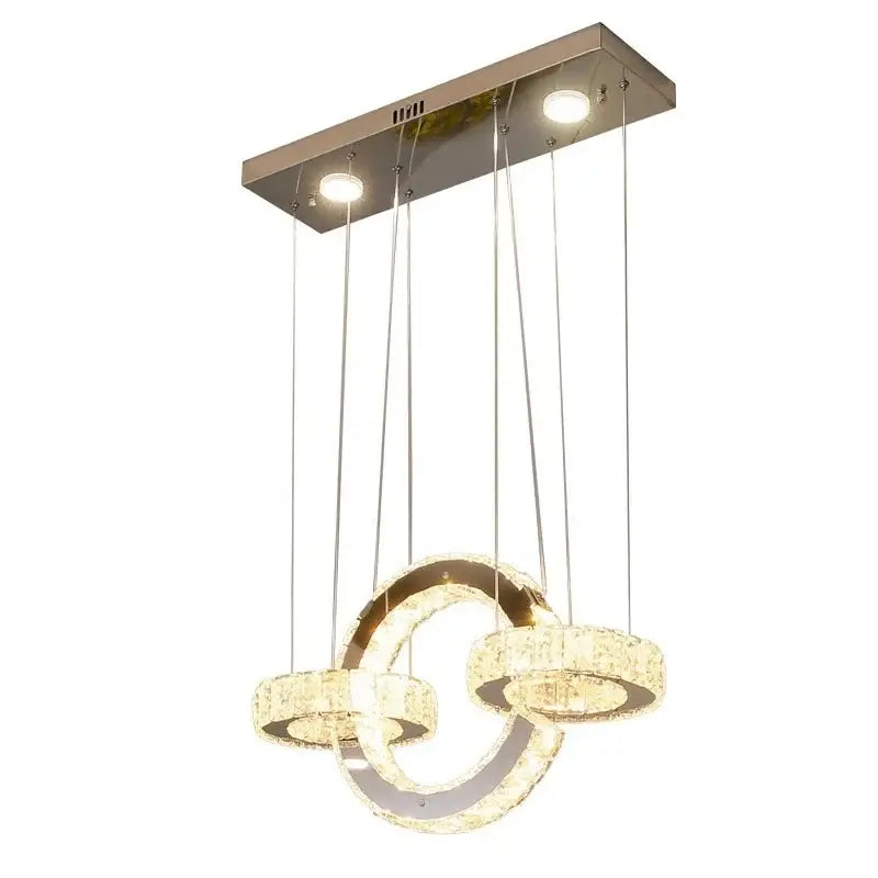 Modern chrome crystal led circle rings chandelier featuring three interlocking crystal rings and recessed bulbs for bedroom decorbites crystal led