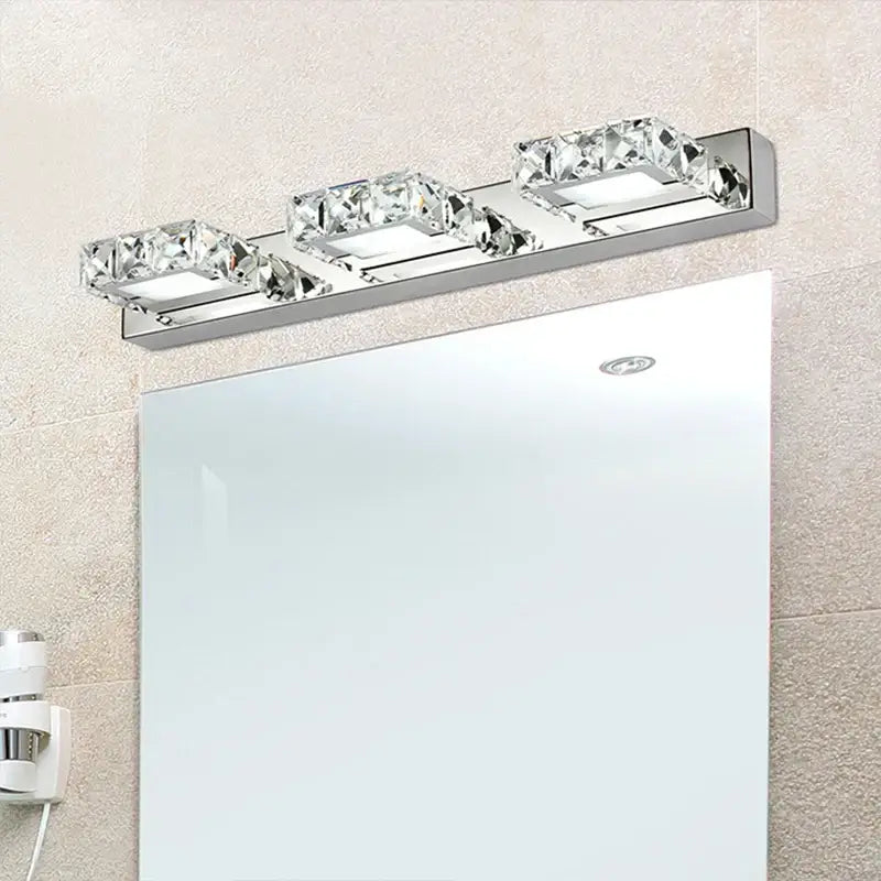 Modern chrome crystal led mirror light bathroom sconce with three rectangular crystal encrusted fixtures by decorbites crystal led