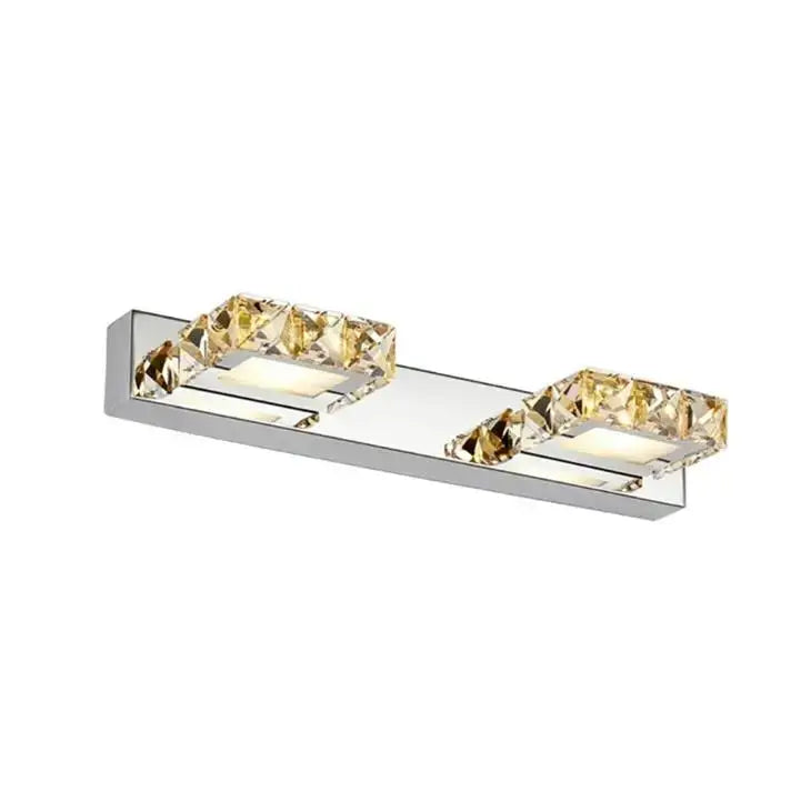 Modern chrome crystal led mirror light bathroom sconce with two rectangular golden faceted decorbites crystal led accents
