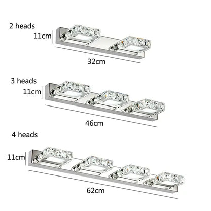 Modern chrome crystal led mirror light bathroom sconce with three crystal encrusted rectangular led heads by decorbites crystal led
