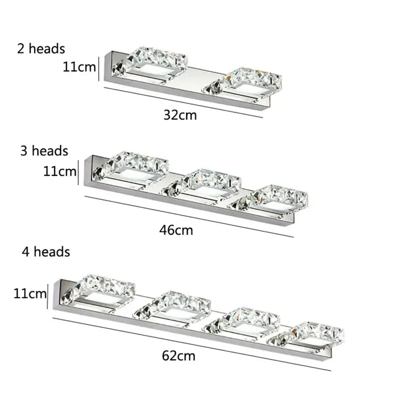 Modern chrome crystal led mirror light bathroom sconce with three crystal encrusted rectangular led heads by decorbites crystal led