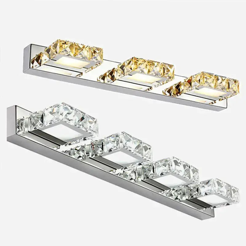 Modern chrome crystal led mirror light bathroom sconce with three faceted rectangular crystal accents decorbites crystal led