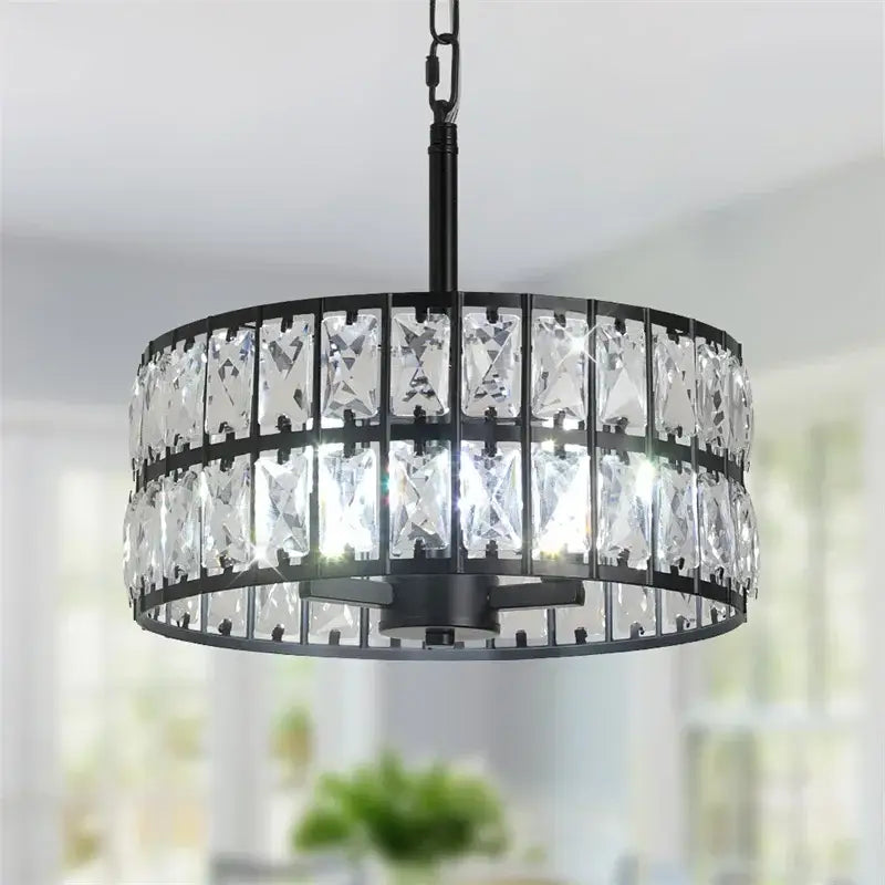 Black metal pendant chandelier with two tiers of clear faceted crystal rectangles decorbites crystal led fixture