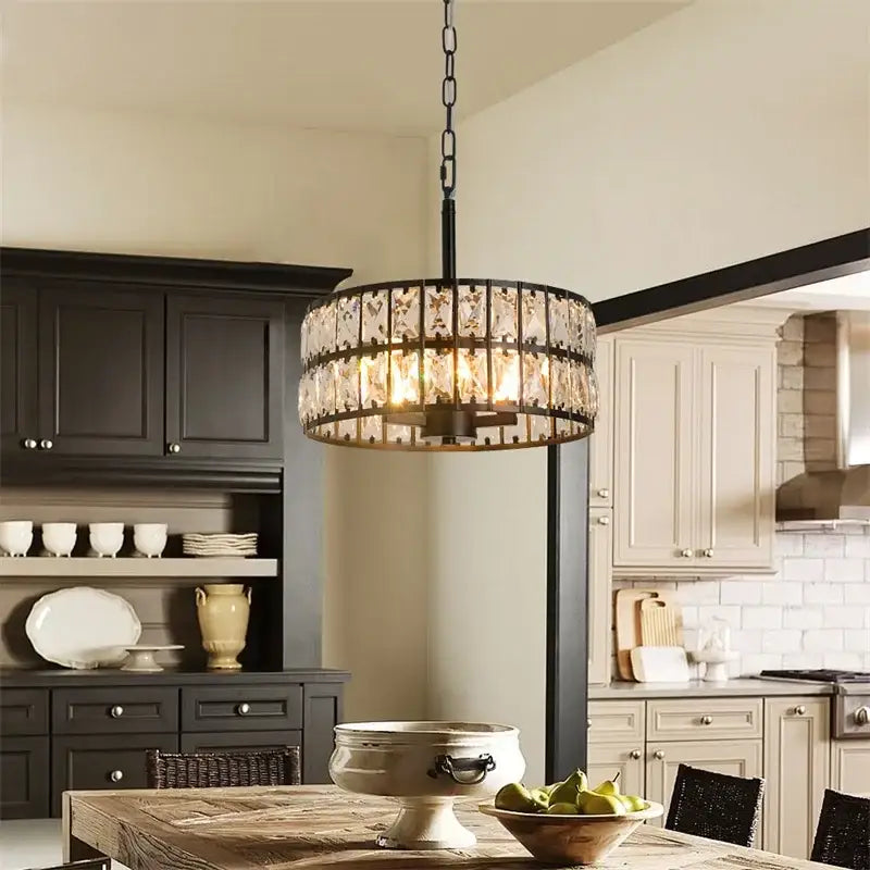 Modern chrome decorbites crystal led pendant chandelier with black metal frame and clear crystal accents for dining room