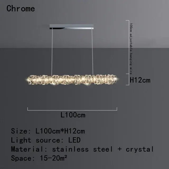 Modern chrome crystal led pendant dining room chandelier with sleek elongated design and embedded decorbites crystal led elements