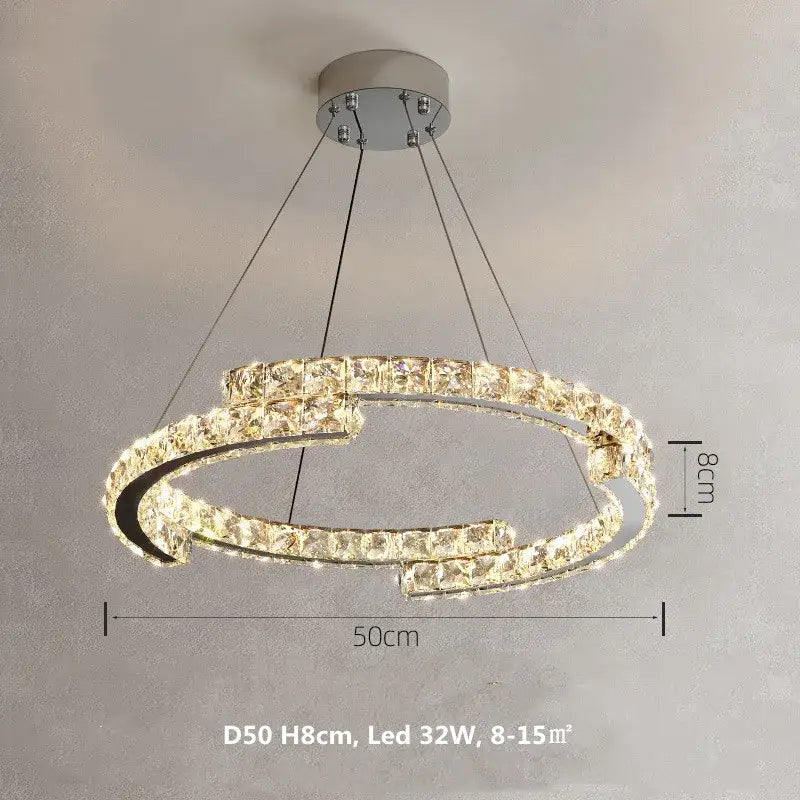 Modern chrome crystal led pendant lights featuring double ring fixtures with crystal accents for dining room decor
