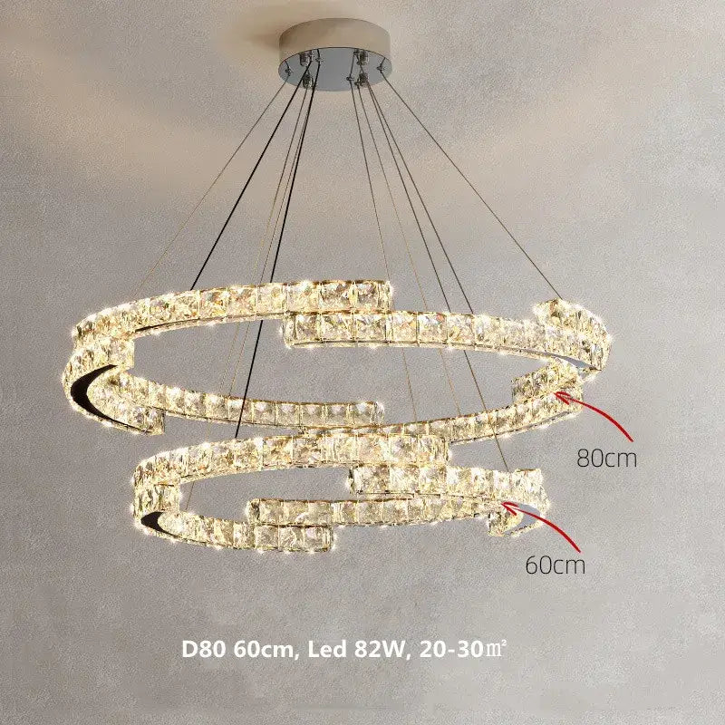 Modern chrome crystal led pendant lights featuring a double-ring design with clear rectangular facets for dining room decorbites crystal led fixture