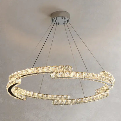 Modern chrome crystal led pendant double ring fixture with clear crystal accents for dining room pendant lights decorbites crystal led