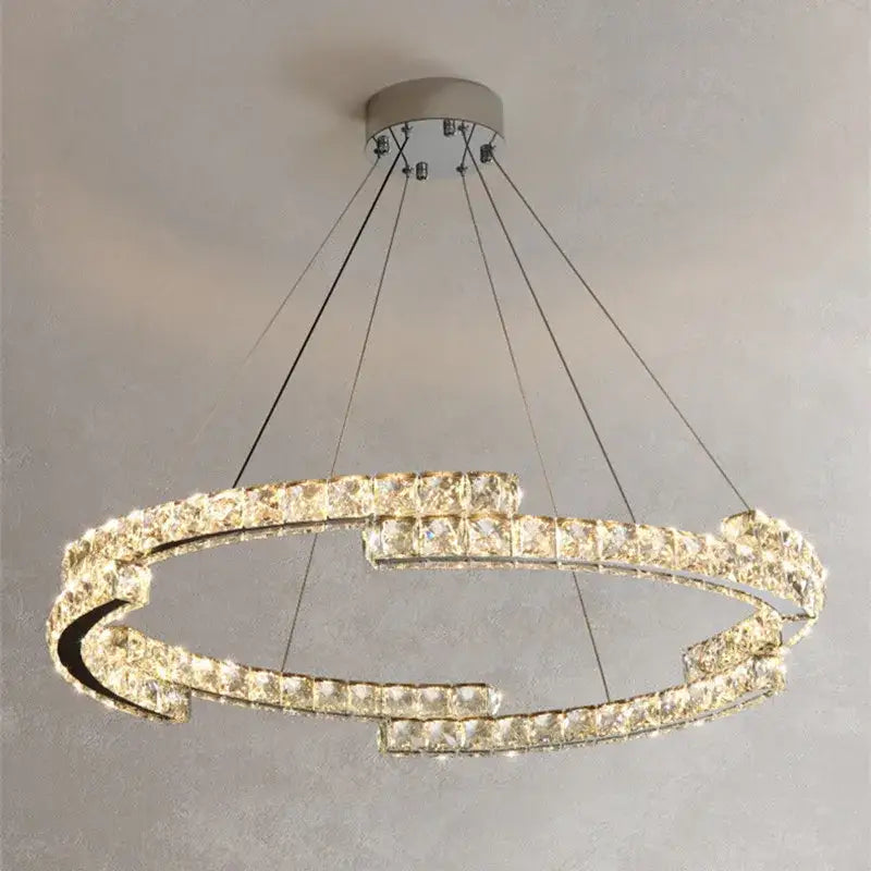 Modern chrome crystal led pendant double ring fixture with clear crystal accents for dining room pendant lights decorbites crystal led