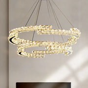 Modern chrome double ring pendant lights with clear faceted crystals for elegant dining room decorbites crystal led fixture