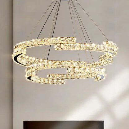 Modern chrome double ring pendant lights with clear faceted crystals for elegant dining room decorbites crystal led fixture
