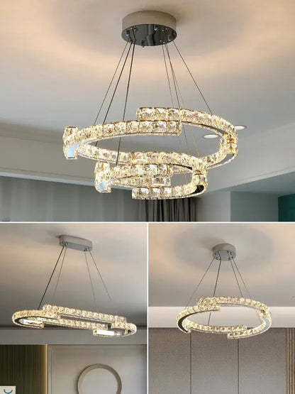 A modern chrome crystal led pendant light with multi-tiered interlocking rings for dining room decorbites crystal led